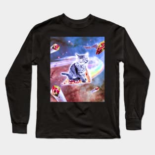 Laser Eyes Space Cat Riding Rainbow Pizza Long Sleeve T-Shirt